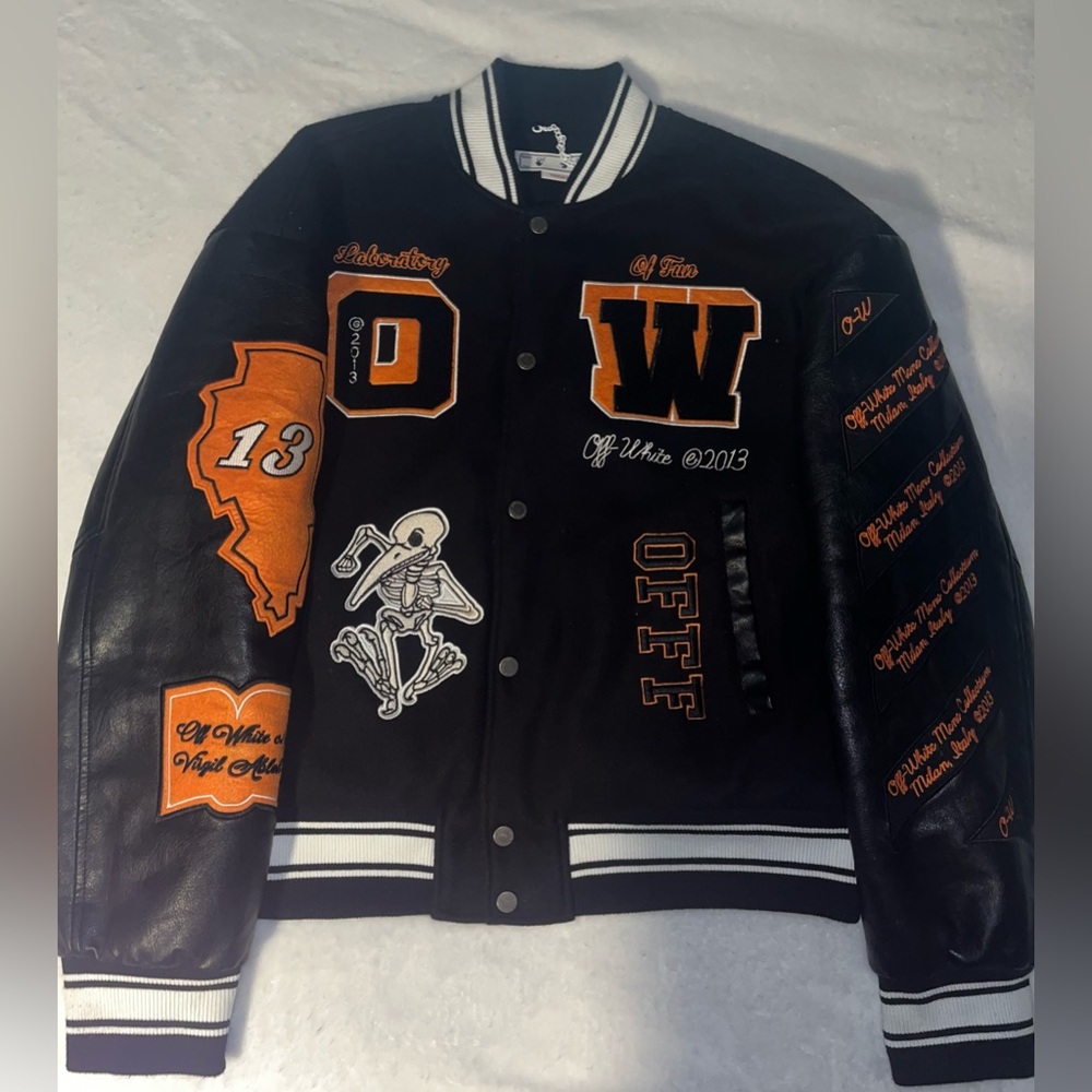 Off-White Leather Varsity Jacket Black & Orange L… - image 3